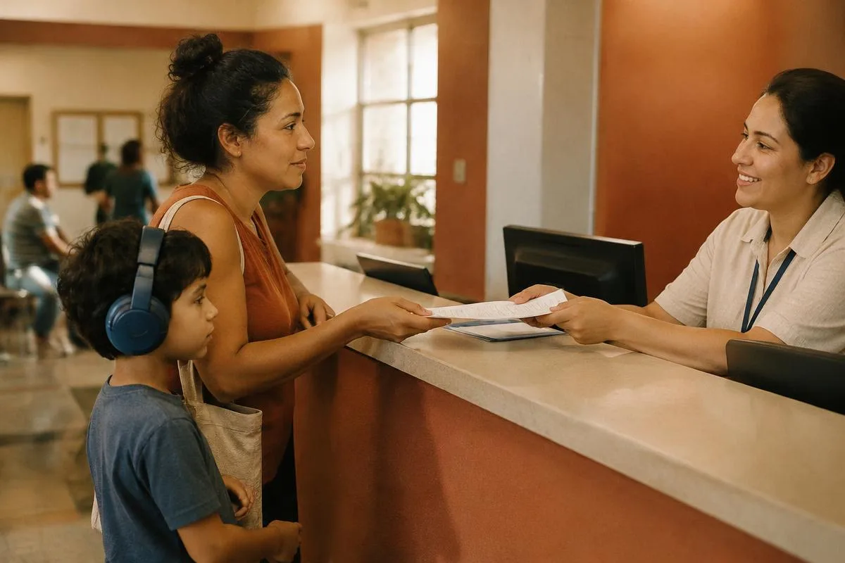 Mãe entregando documentos em um balcão de atendimento, com o filho ao lado.