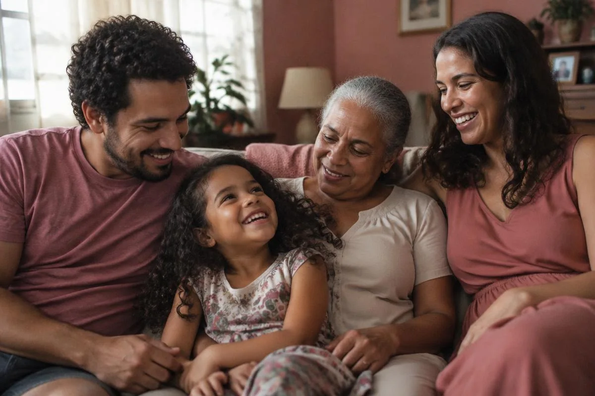 Família de três gerações reunida no sofá de casa, em imagem ilustrativa.
