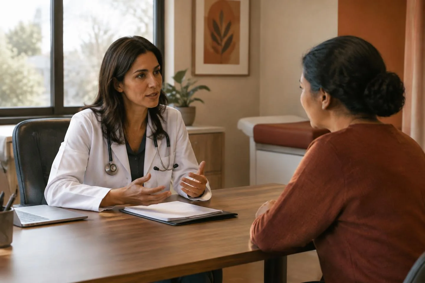 Médica orienta familiar sobre cuidados e atendimento hospitalar.