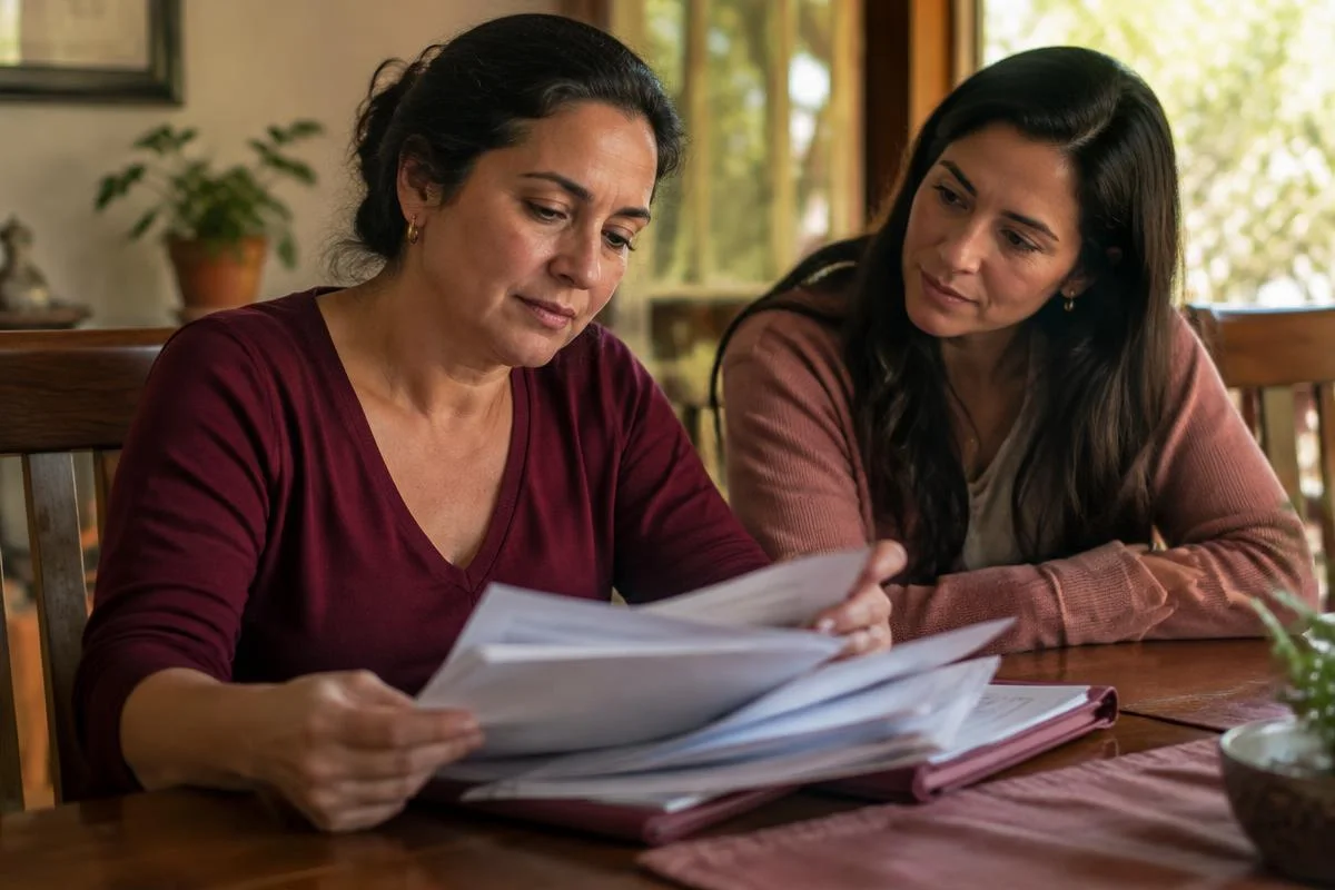 Mulher e familiar organizando documentos médicos e pedidos ao plano de saúde.