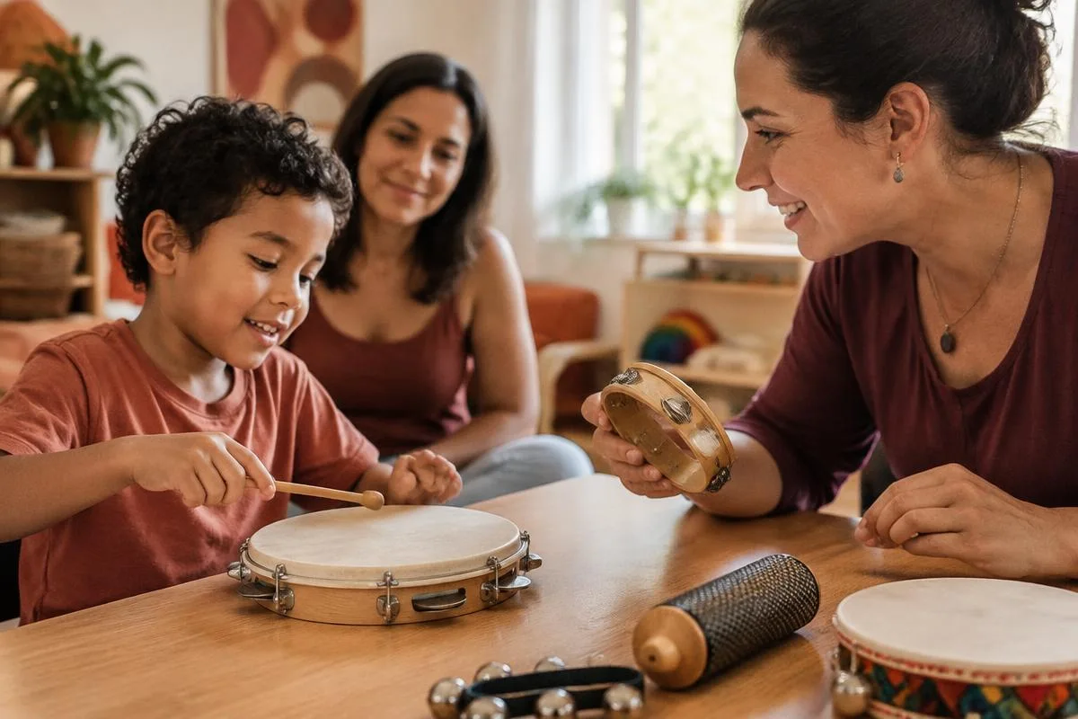 Criança e profissional utilizam instrumentos de percussão em atividade musical.