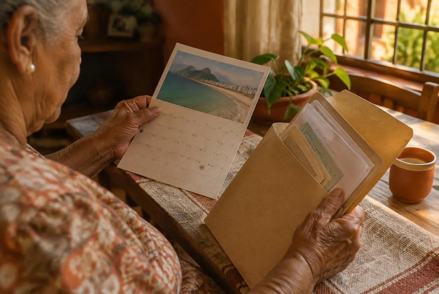Mãos de uma senhora segurando um calendário e uma pasta de documentos, em imagem ilustrativa.