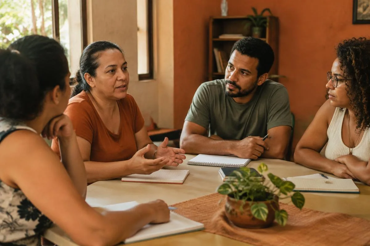 Familiares reunidos em associação de pacientes conversando, em imagem ilustrativa.