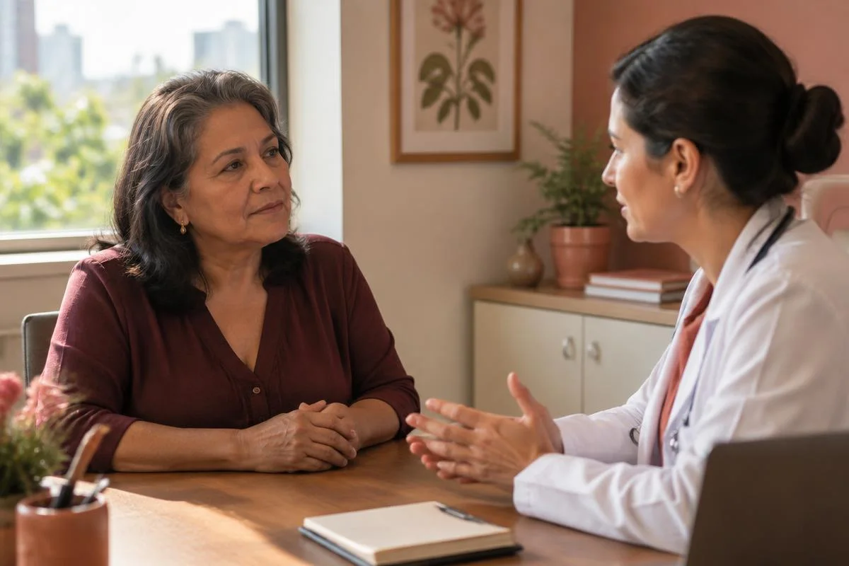 Paciente conversando com uma oncologista sobre opções de tratamento para câncer de mama.