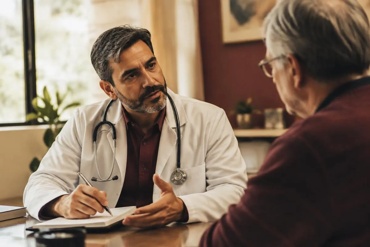 Médico explicando o tratamento a um paciente durante a consulta.