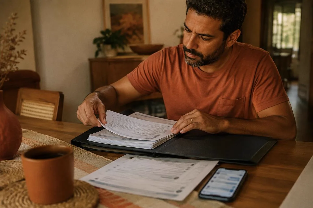 Pai organiza e-mails e documentos da tentativa de contratação do plano.