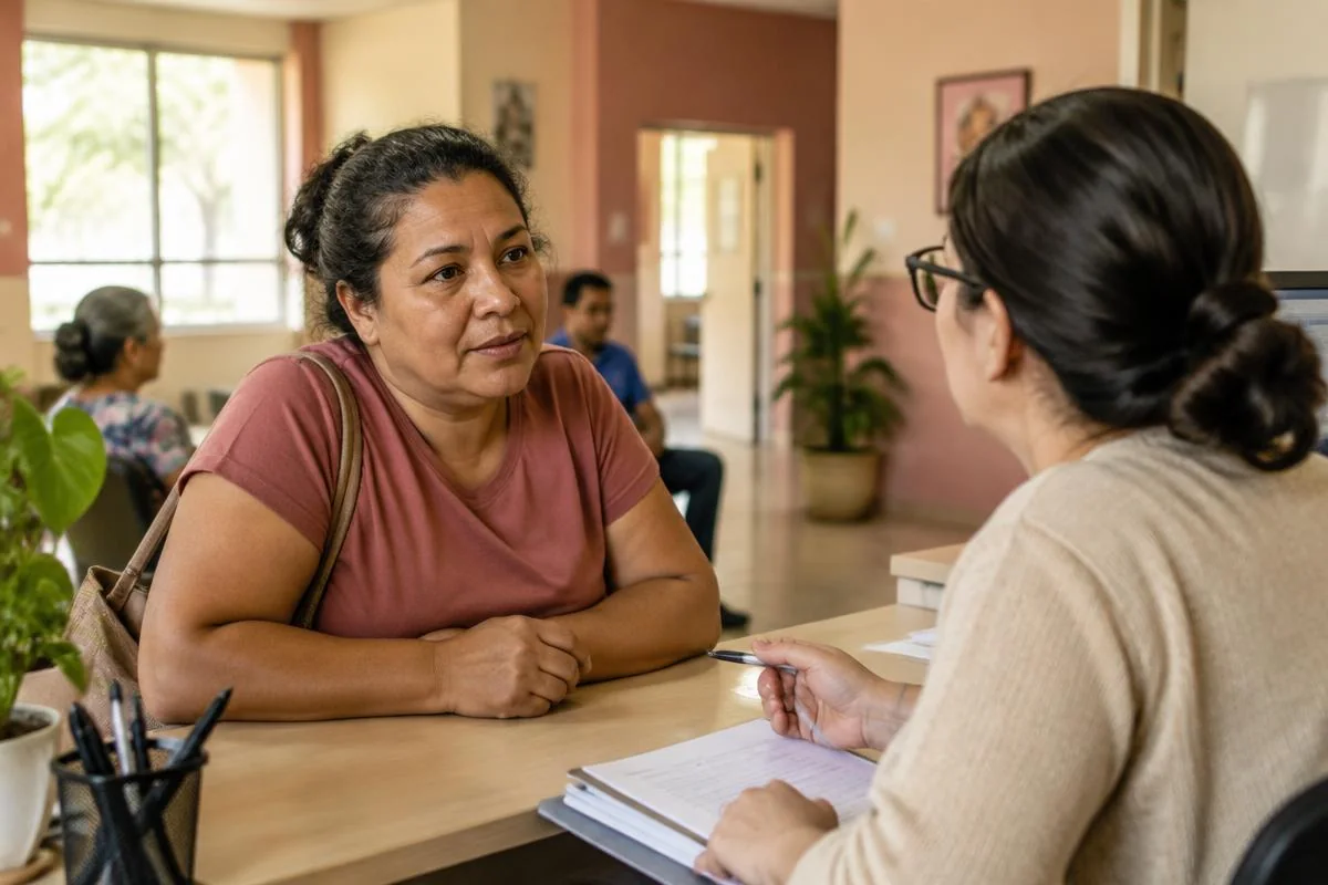 Paciente buscando orientação e encaminhamento em um serviço de saúde.