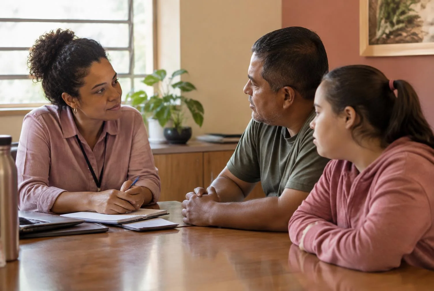 Assistente social conversando com um pai e sua filha com deficiência, em imagem ilustrativa.