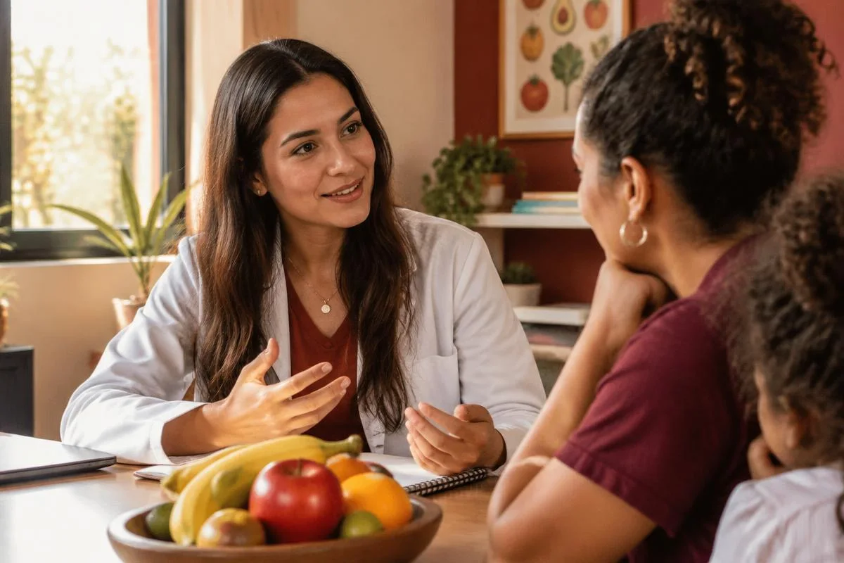 Nutricionista conversa com a mãe sobre acompanhamento individualizado.