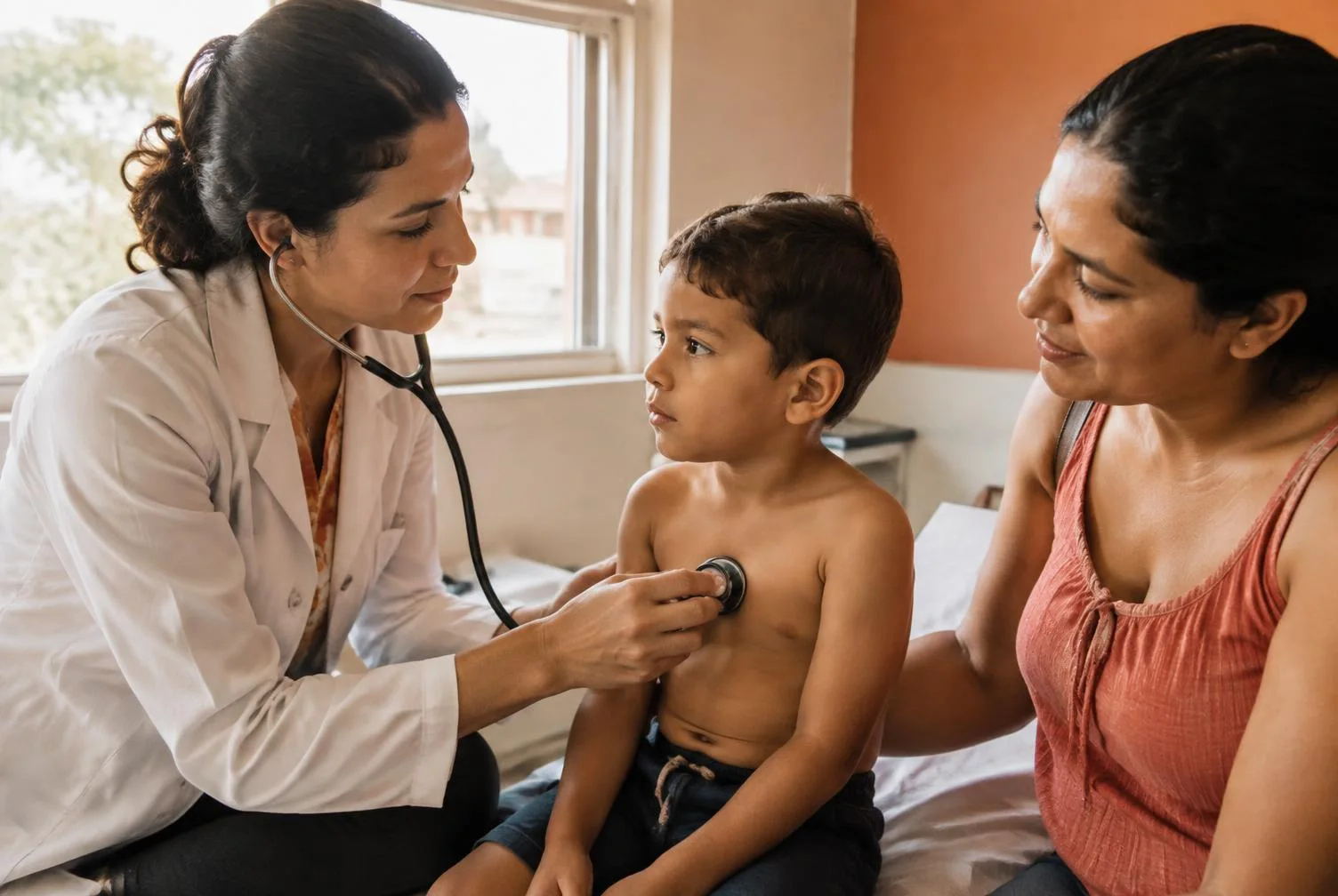 Médica auscultando o coração de uma criança acompanhada da mãe, em imagem ilustrativa.