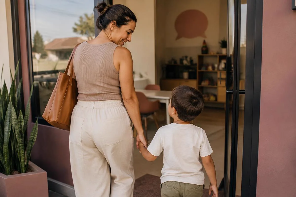 Mãe leva o filho pela mão para a clínica de terapia.