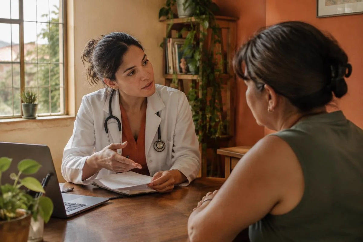 Médica explica o plano de tratamento a uma paciente no consultório.