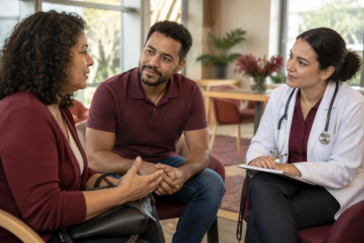Pacientes e profissional de saúde em conversa comunitária, em imagem ilustrativa.