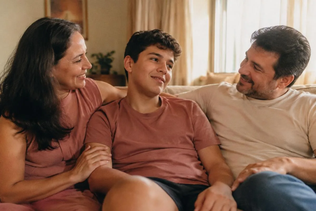 Família conversando no sofá de casa com o filho adolescente autista.