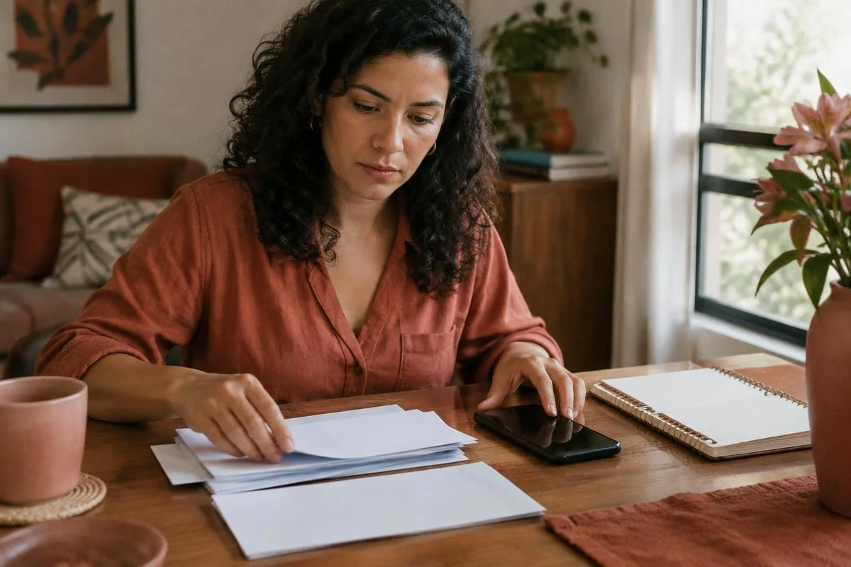 Mulher organizando documentos de atendimento e protocolos, em imagem ilustrativa.