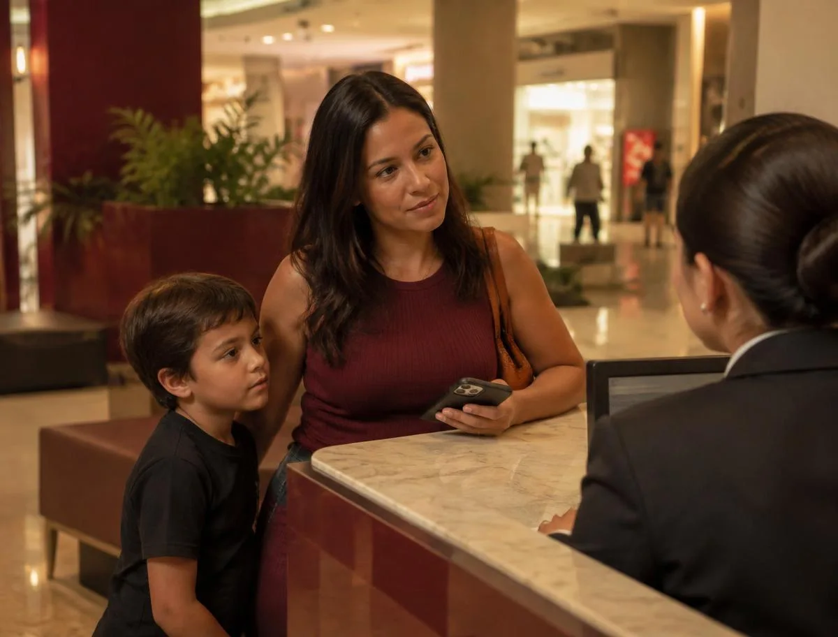 Mãe com o filho conversando no balcão de atendimento de um shopping, em imagem ilustrativa.