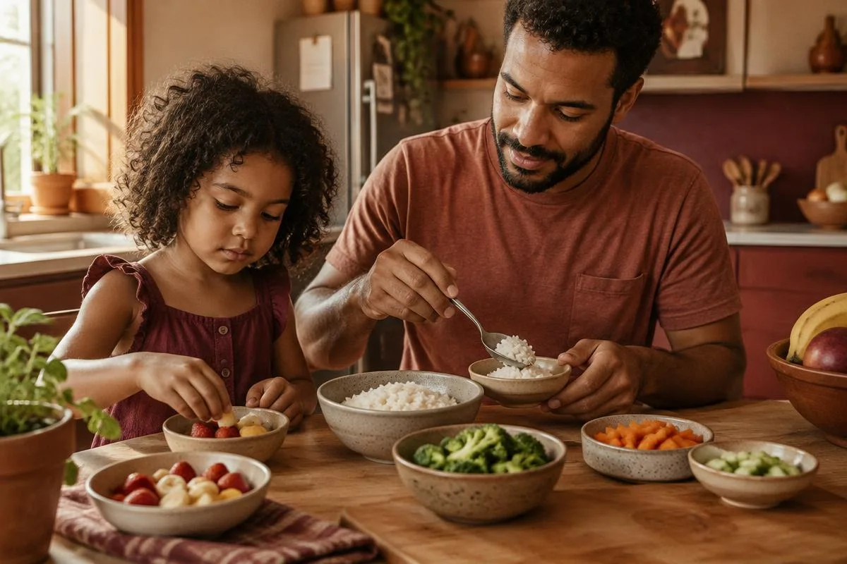 Pai e criança organizam alimentos em porções separadas.