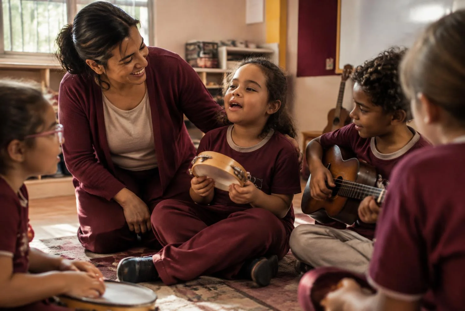 Professora e crianças cantando com instrumentos em sala de aula inclusiva, em imagem ilustrativa.