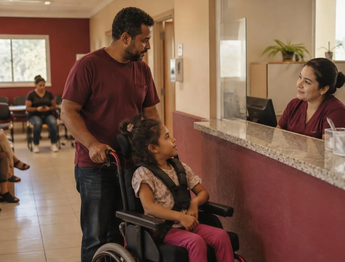 Pai acompanhando a filha em cadeira de rodas no balcão de uma unidade de saúde, em imagem ilustrativa.