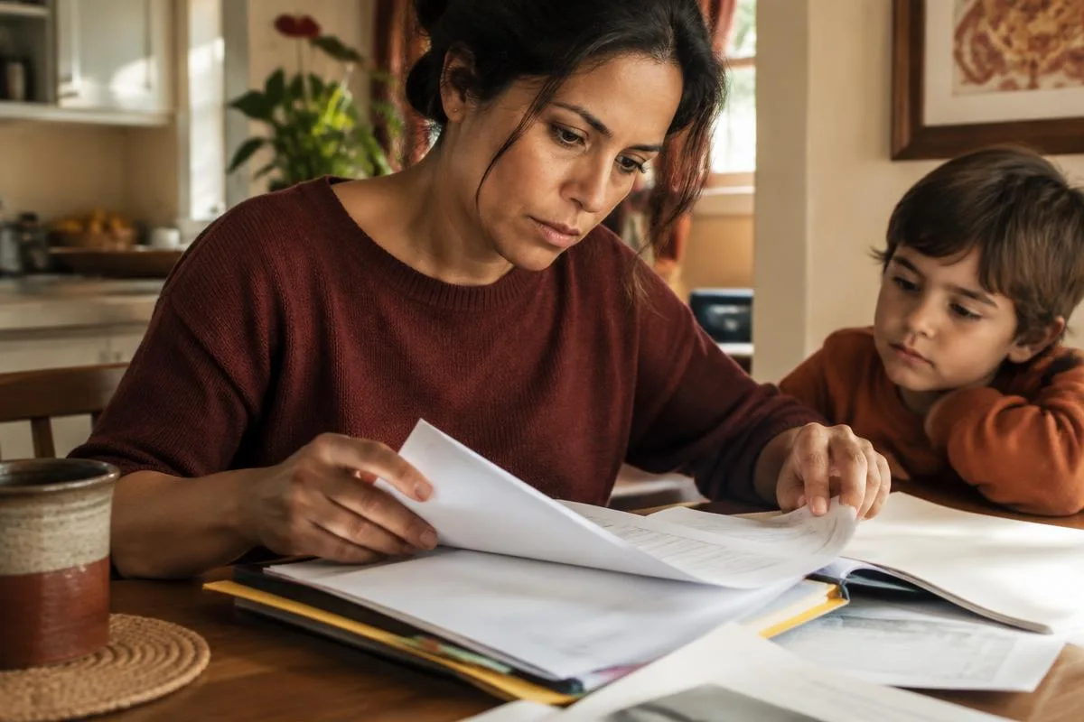 Mãe organiza documentos para investigação de doença rara.