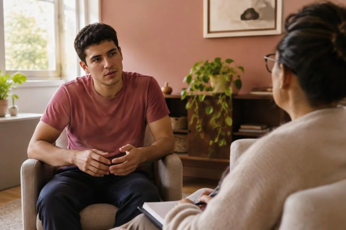 Jovem adulto autista conversa com terapeuta em atendimento.