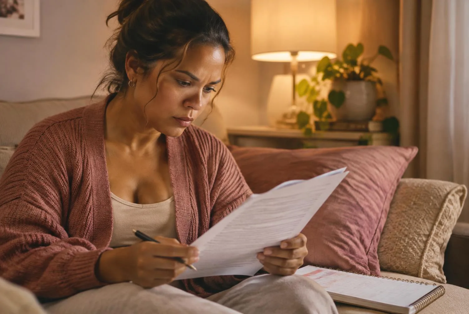 Mãe lendo com atenção uma proposta de acordo em casa, em imagem ilustrativa.