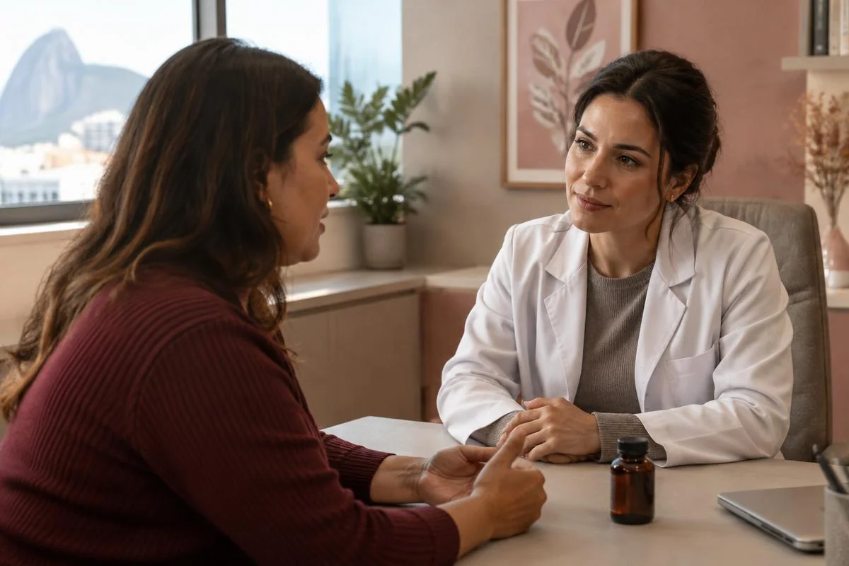 Paciente conversando com médica sobre seu tratamento.