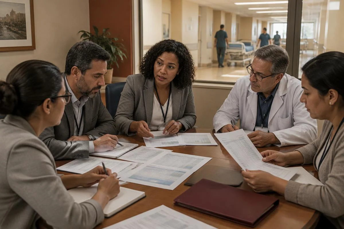 Profissionais discutindo a organização de serviços hospitalares.