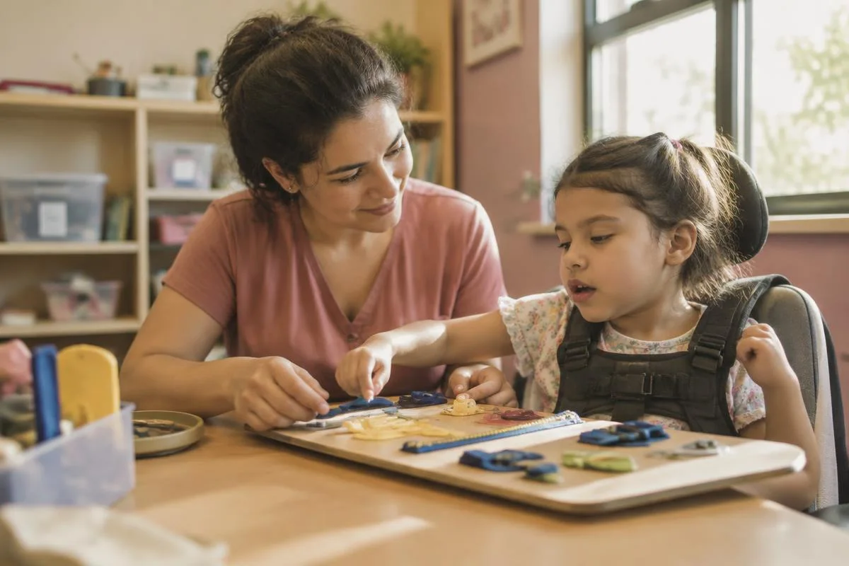 Terapeuta ocupacional trabalha com menina usando materiais adaptados na escola.