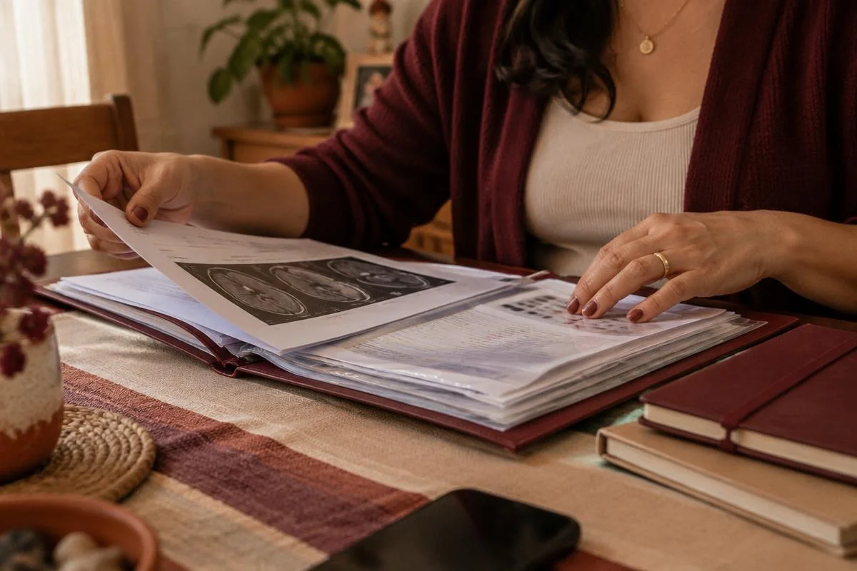 Mulher organizando relatórios e exames para acompanhamento de uma doença rara.